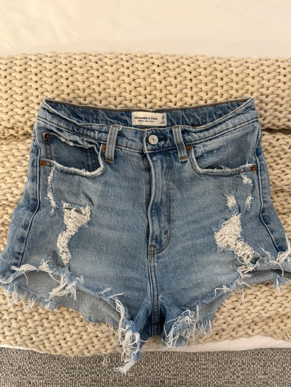 Abercrombie & Fitch Light Blue High-Waist Distressed Denim Shorts